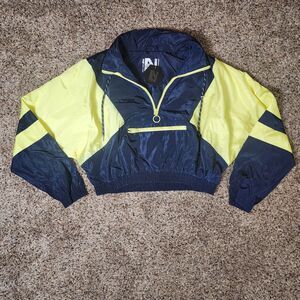 New Look Sport Windbreaker Jacket Size L Blue Yellow Cropped Full Zip Pocket